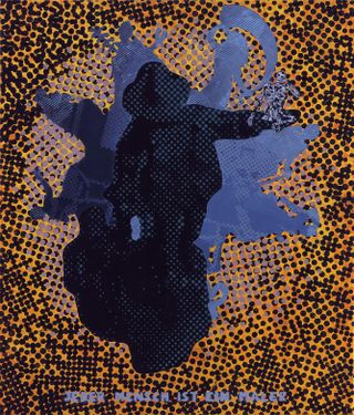 Abstract art made up of a series of dots in blue, black and yellow. The central image is a silhouette of a person holding a miniature human skeleton in his hand.