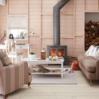 pale pink wall with wooden flooring and fire place