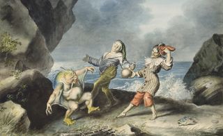 A painting of The Tempest, Act II Scene 2, where Caliban, Stephano and Trinculo dance on the seashore, created by Johann Heinrich Ramberg