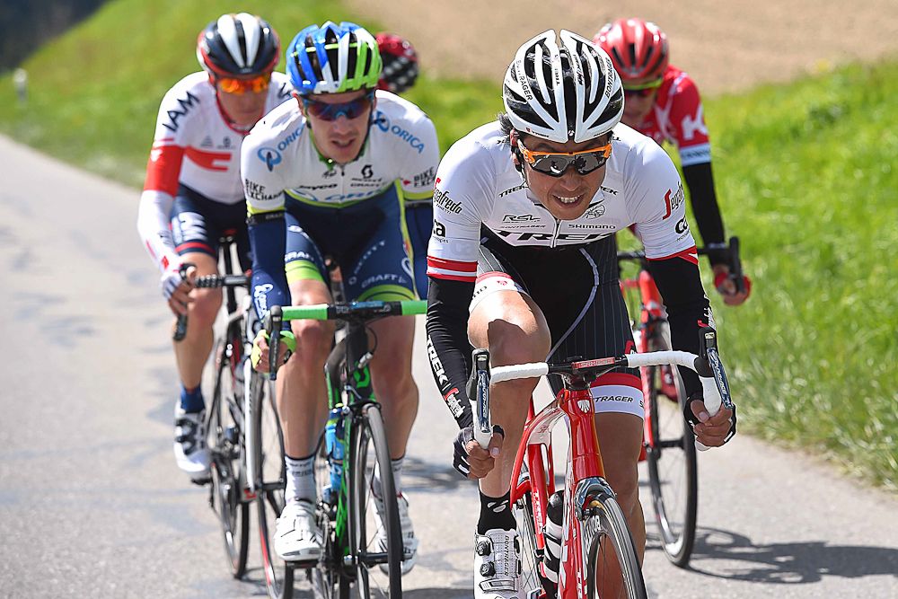 Fumiyuki Beppu drives the pace in the break for Trek-Segafredo