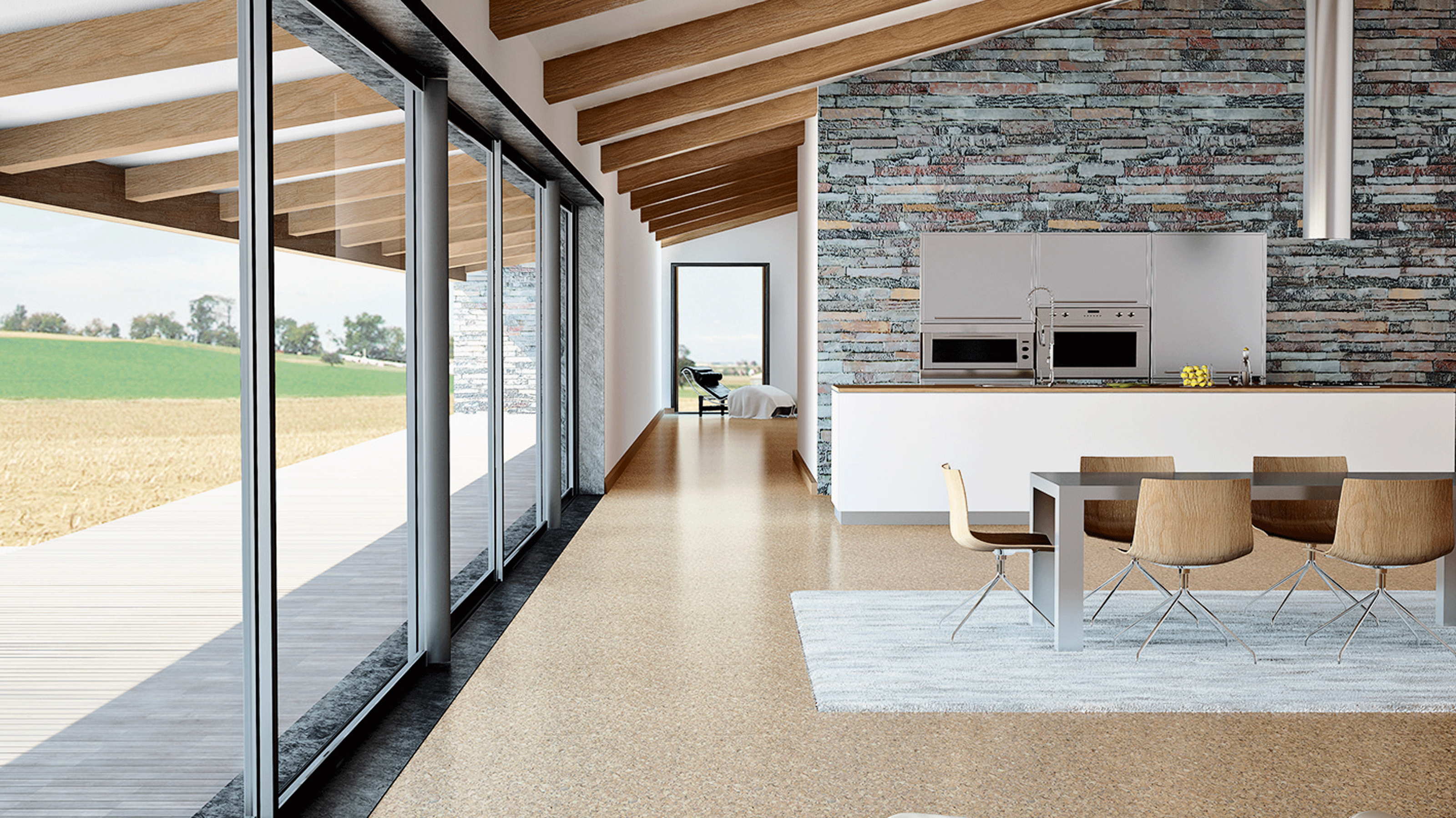 Cork flooring in open plan living room with outside views