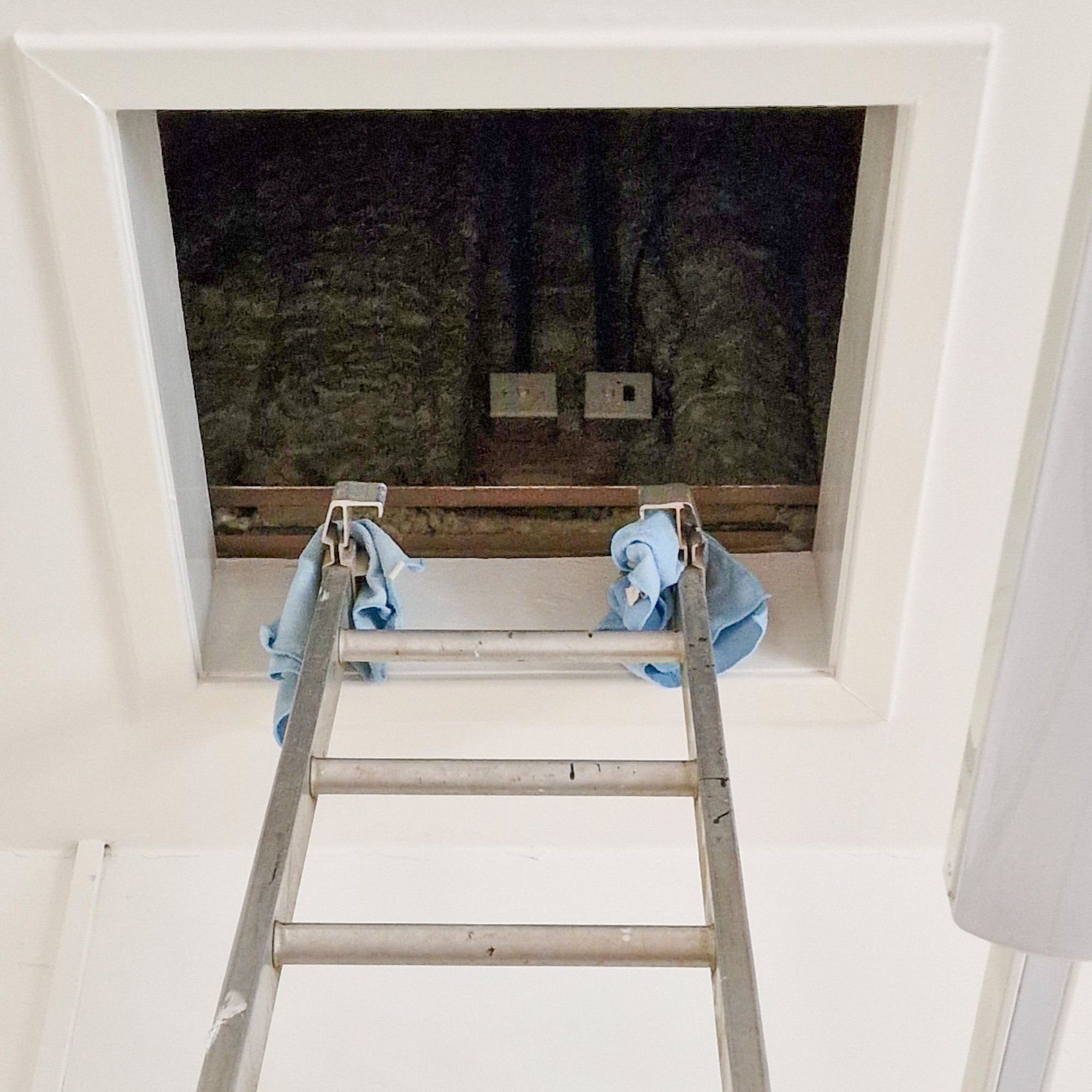 Ladder leading up to an open loft hatch