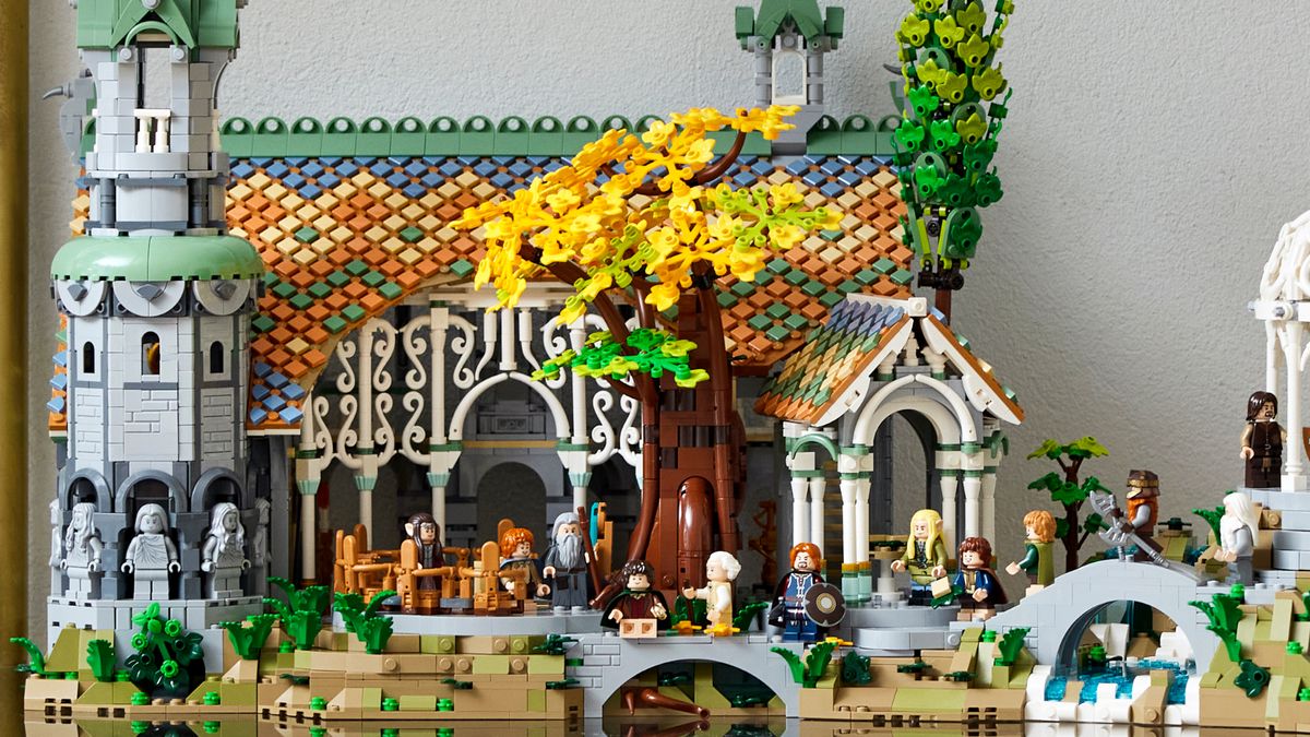 Lego The Lord of the Rings Rivendell closeup, with the buildings fully assembled and minifigures placed on it
