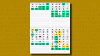 Quordle Daily Sequence answers for game 1116 on a yellow background