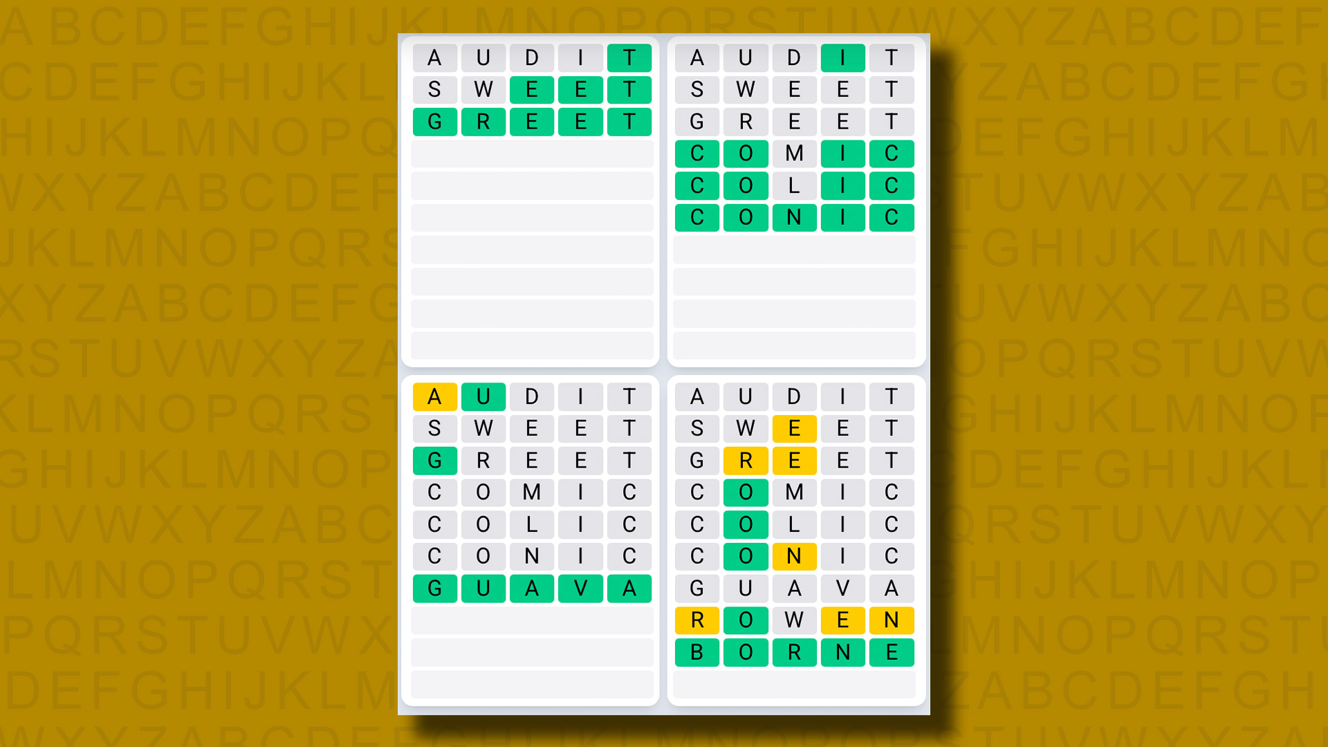 Quordle Daily Sequence answers for game 1116 on a yellow background