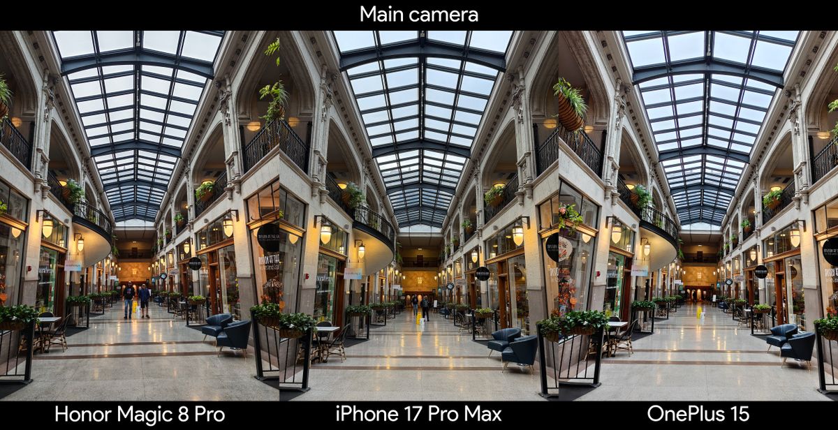 Comparing main camera samples between the Honor Magic 8 Pro, OnePlus 15, and iPhone 17 Pro Max