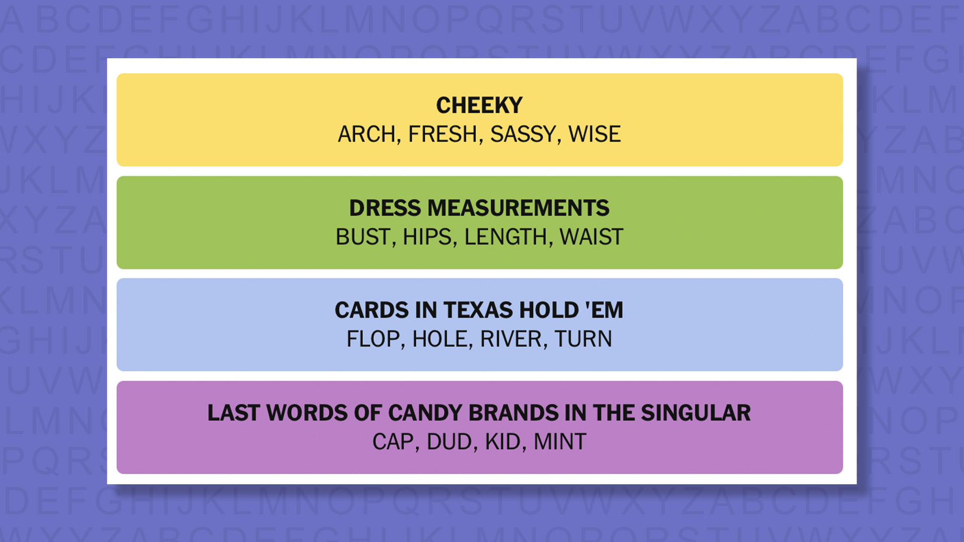 NYT Connections answers for game 1043 on a purple background