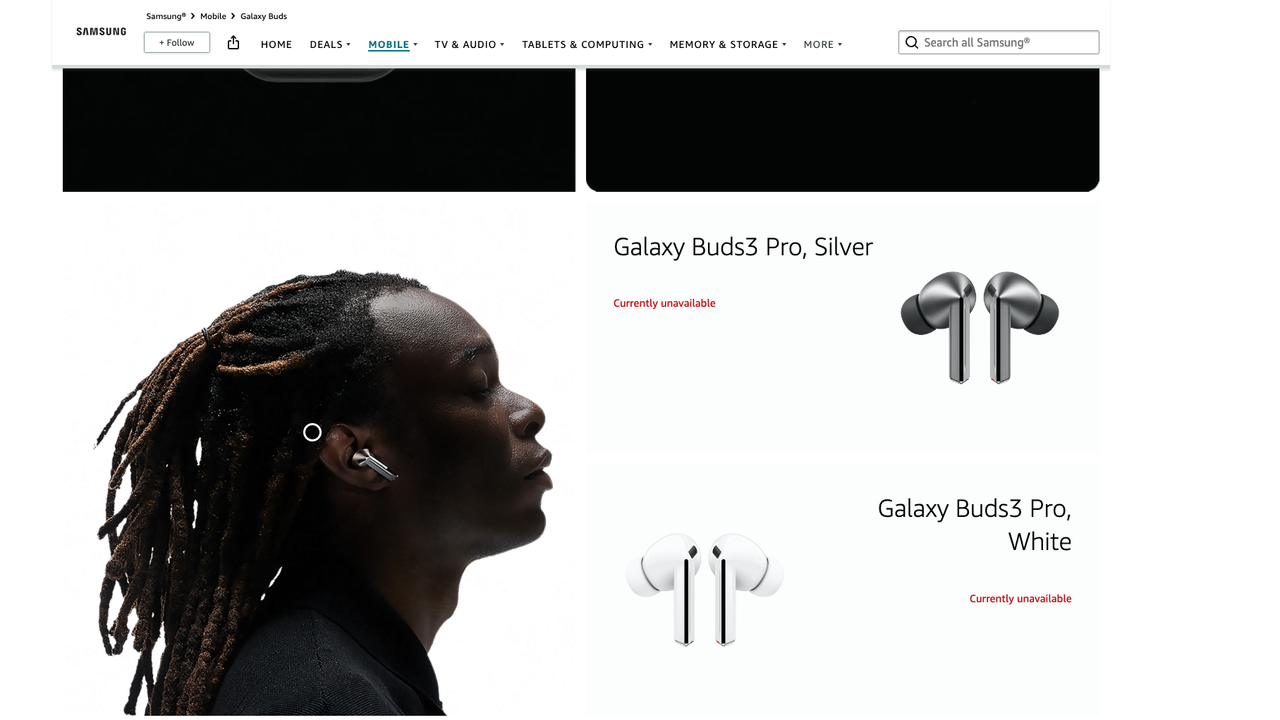 Amazon store page for the Galaxy Buds 3 Pro, showing a Currently unavailable label
