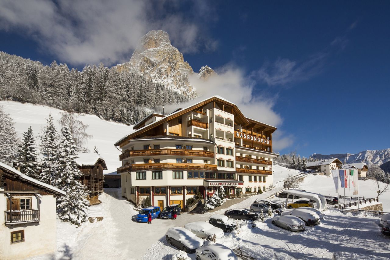 Hotel Sassongher, with the Sassongher mountain behind.