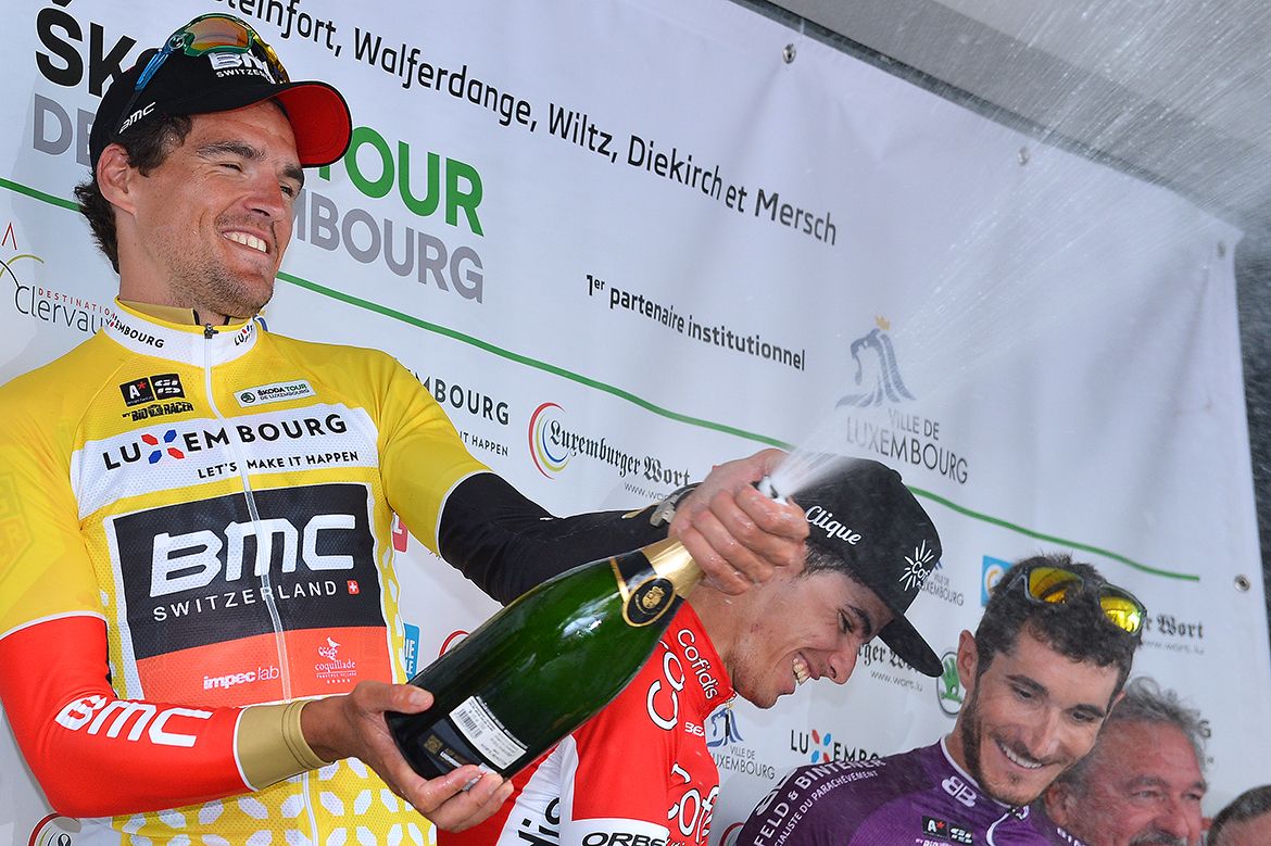 Greg Van Avermaet pops the champagne after stage 4 of the Tour de Luxembourg.