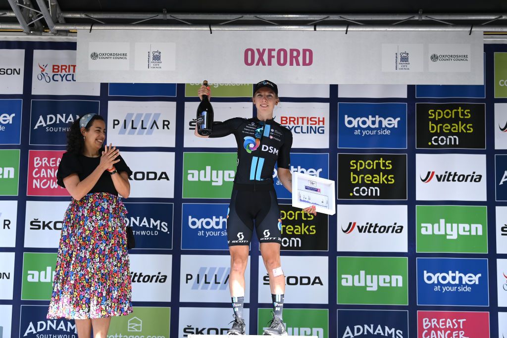 OXFORD ENGLAND JUNE 11 Lorena Wiebes of Netherlands and Team DSM celebrates at podium as stage winner during the 8th The Womens Tour 2022 Stage 6 a 1429km stage from Chipping Norton to Oxford WomensTour UCIWWT on June 11 2022 in Oxford England Photo by Justin SetterfieldGetty Images