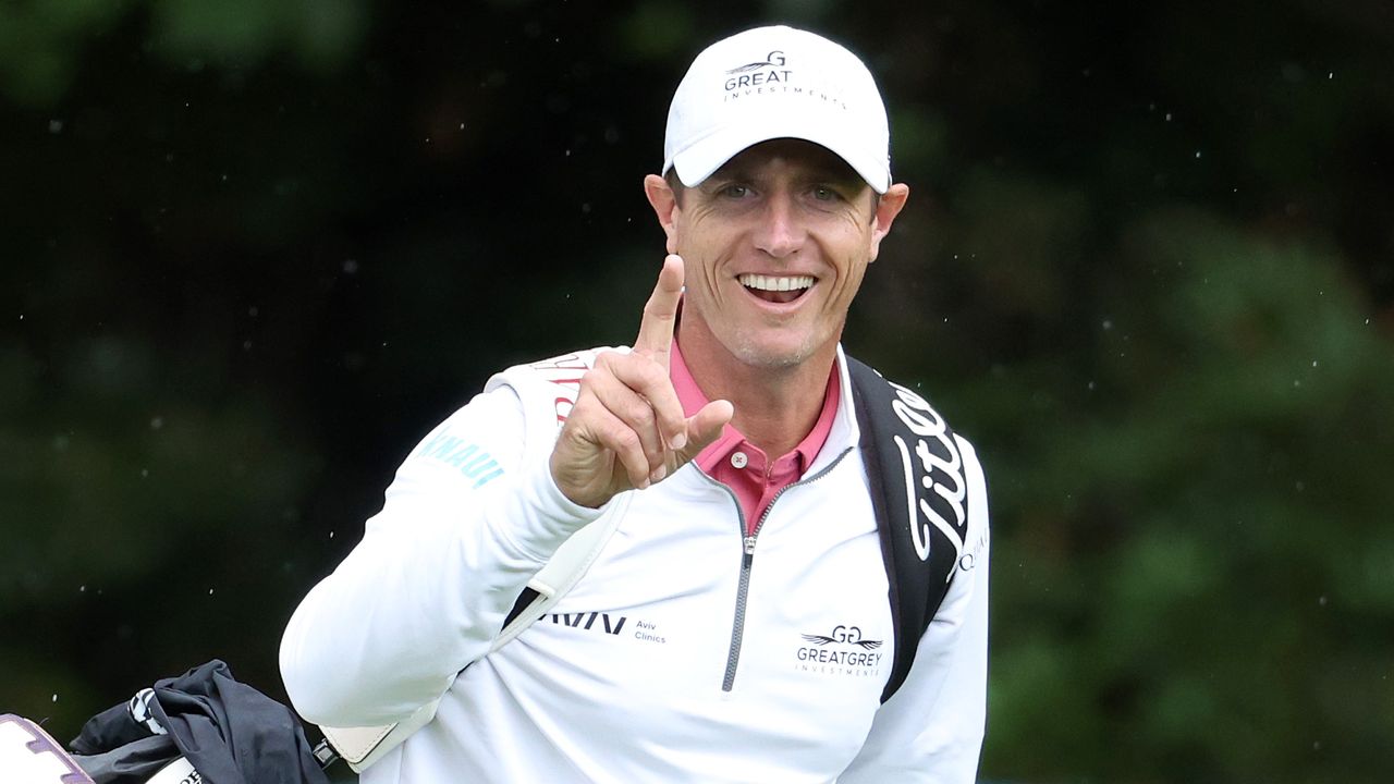 Nicolas Colsaerts of Belgium reacts on the 1st hole during a practice round before the 2022 BMW PGA Championship at Wentworth