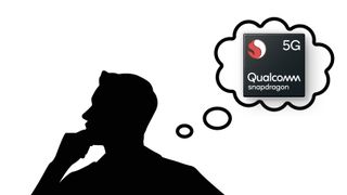 A silhouette of a thinking man with a thought bubble above his head containing the Qualcomm Snapdragon logo.