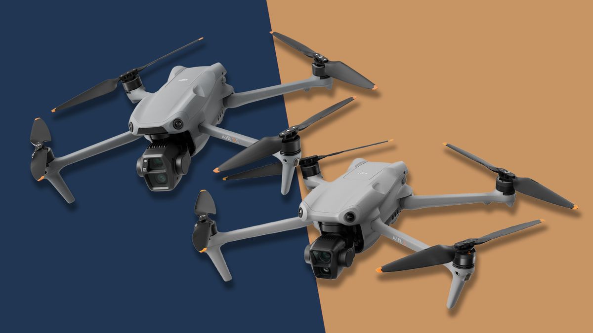 DJI Air 3S and DJI Air 3 side by side over a plain split color background