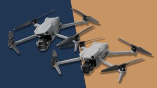 DJI Air 3S and DJI Air 3 side by side over a plain split color background