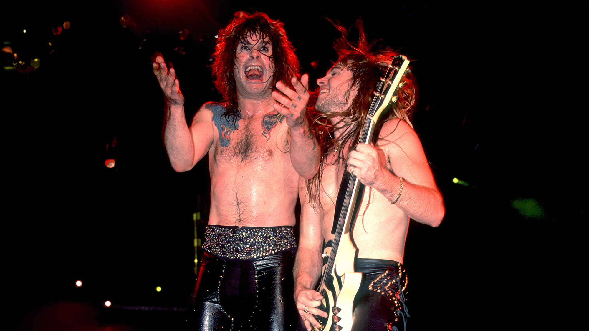 British musician Ozzy Osbourne (left) and American guitarist Zakk Wylde perform at the Poplar Creek Music Theater in Hoffman Estates, Chicago, Illinois, July 12, 1989.