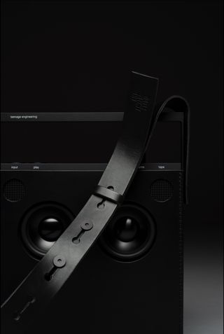 A close-up of the dual speakers with a carry arm.