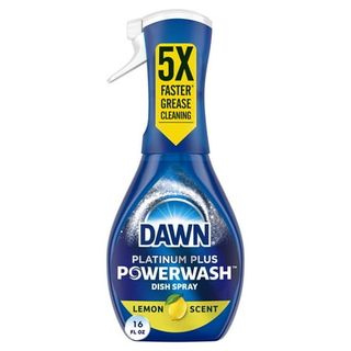 A blue plastic spray bottle of dawn powerwash