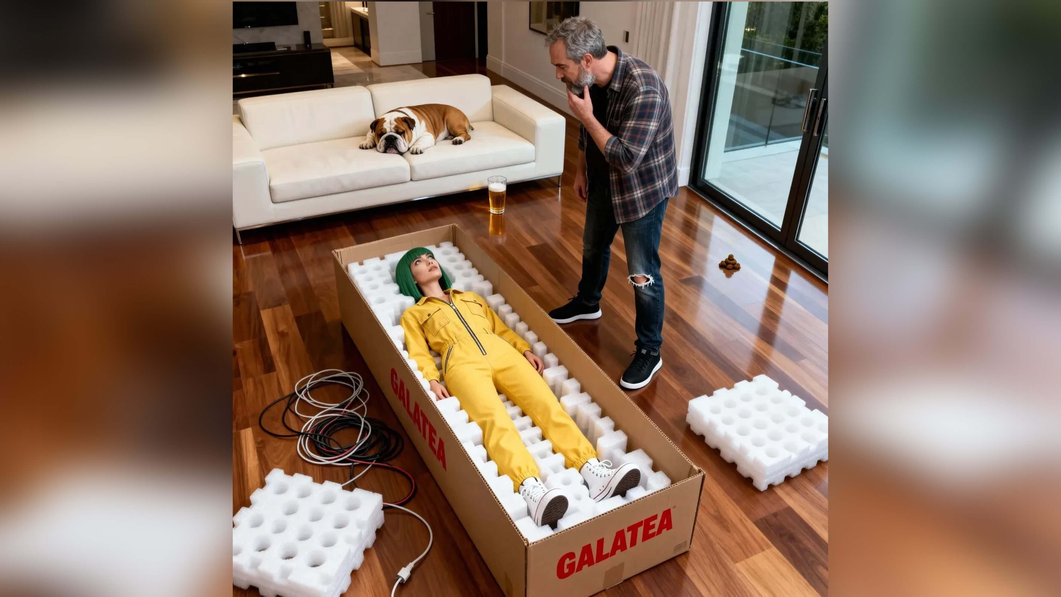 A lifelike, robot woman wearing a yellow jumpsuit interacts with a real man.