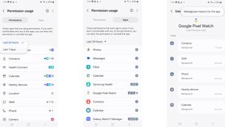 Screenshots of the permission usage menu (or Privacy Dashboard) on Android phones