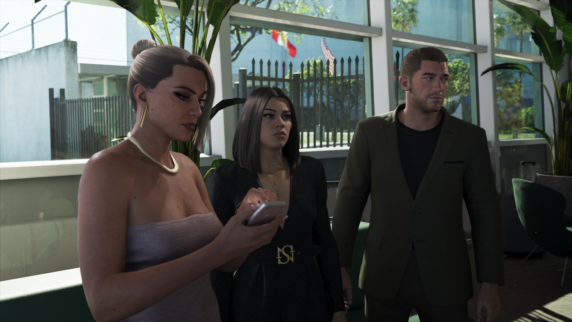 Jason and Lucia take on the role of bodyguards in an airport, smartly dressed, from the GTA 6 extended look