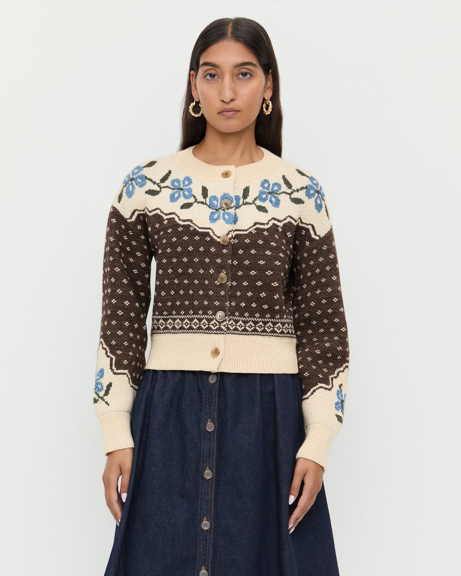 Idris Intarsia Cardigan - Brown/cream Floral / Xxs
