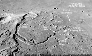 Southeast view across the private Nova-C moon lander’s touchdown site, the big valley Vallis Schröteri. East is toward Aristarchus on the top left and south is toward Oceanus Procellarum on the top right.