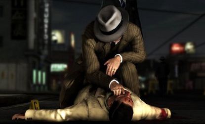 A grisly scene from "L.A. Noire" shows a detective checking out a dead body at a crime scene: The game's realism has been applauded as a major step for the industry.
