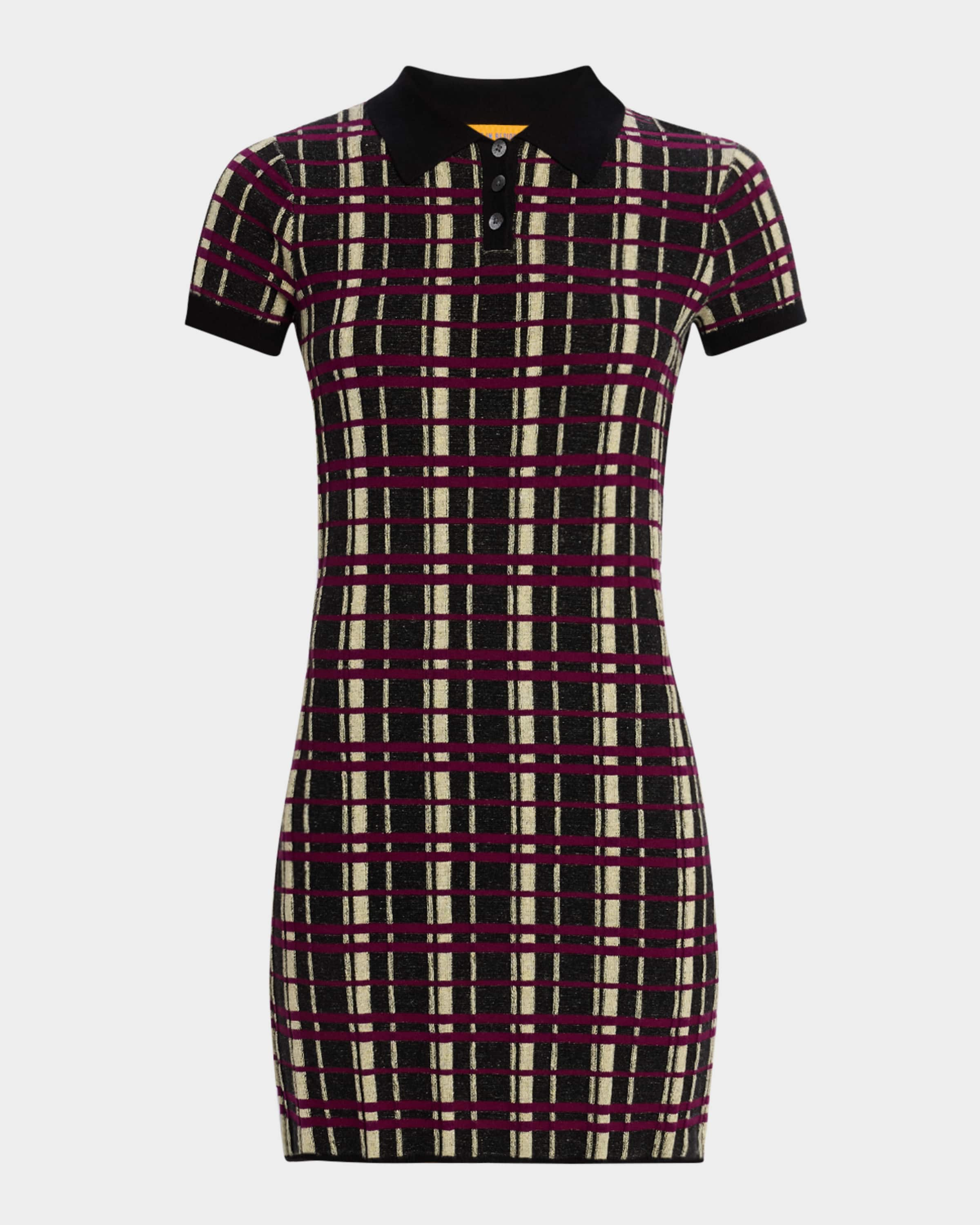 Guest in Residence plaid knit dress with polo collar, three-button placket, and short sleeves.