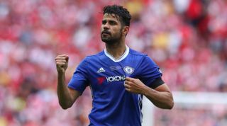Striker Diego Costa celebrates after scoring for Chelsea in the 2017 FA Cup final between Arsenal and Chelsea on 27 May, 2017 at Wembley Stadium, London, United Kingdom