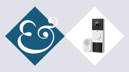 Tapo D210 Video Doorbell on tile background next to Homes & Gardens '&' logo.