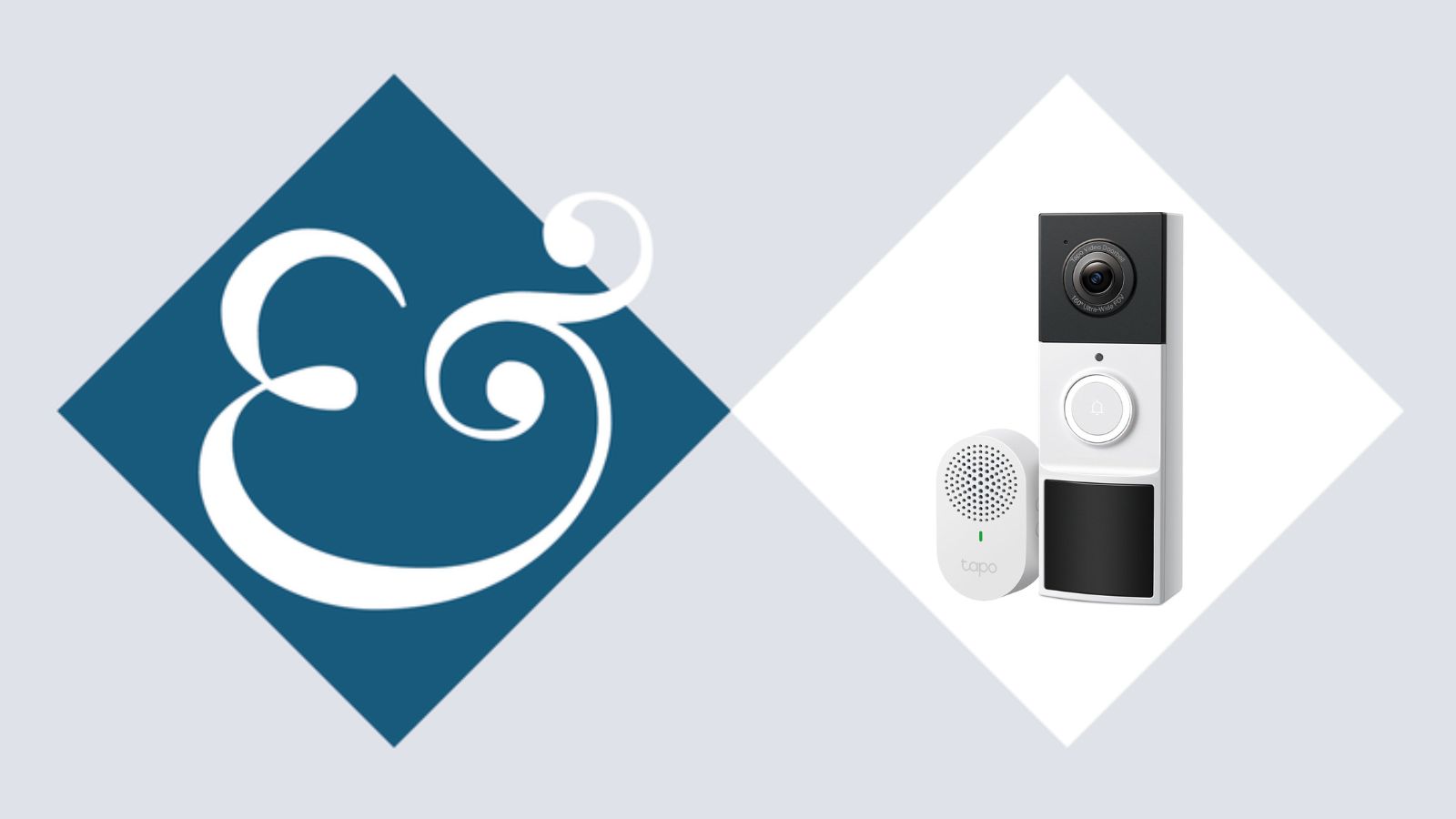 Tapo D210 Video Doorbell on tile background next to Homes &amp; Gardens '&amp;' logo.