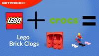 Blue background with red GetPrice logo on top left corner with Lego logo with a black + sign next to it with the Crocs logo on the other side and then a black = sign with Lego Brick Clogs written underneath and an image of the Lego Brick Clogs