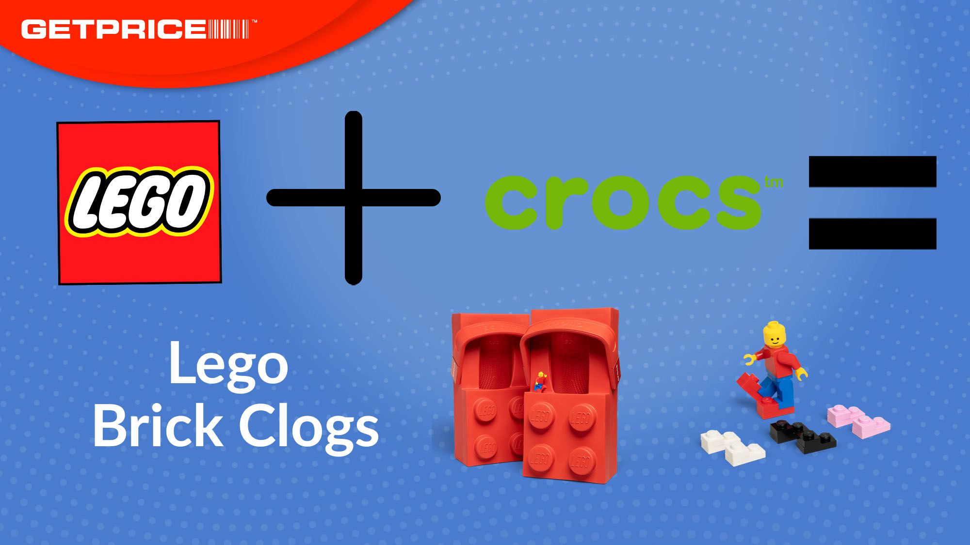 Blue background with red GetPrice logo on top left corner with Lego logo with a black + sign next to it with the Crocs logo on the other side and then a black = sign with Lego Brick Clogs written underneath and an image of the Lego Brick Clogs