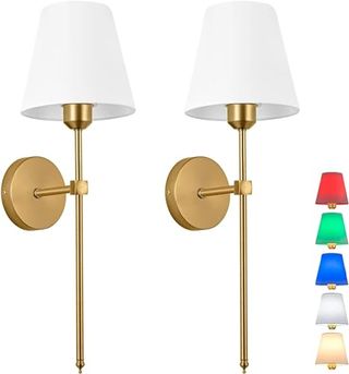 Battery Operated Wall Light Set of 2，fabric Wall Sconce Adjustable Angle Lighting Not Hardwired Fixture，with Remote Dimmable Led Bulb for Farmhouse Interior Wall Decor (color : Gold)