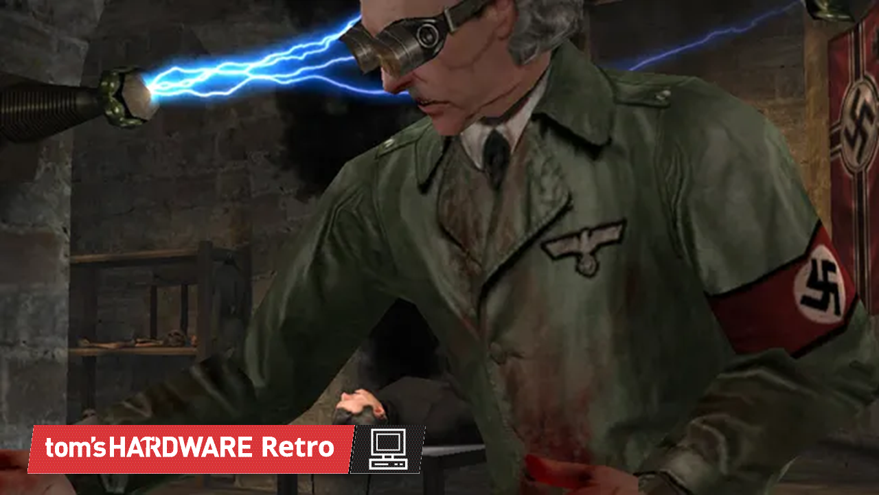 A screenshot from the intro of Return to Castle Wolfenstein showing a mad Nazi doctor experimenting on a man.