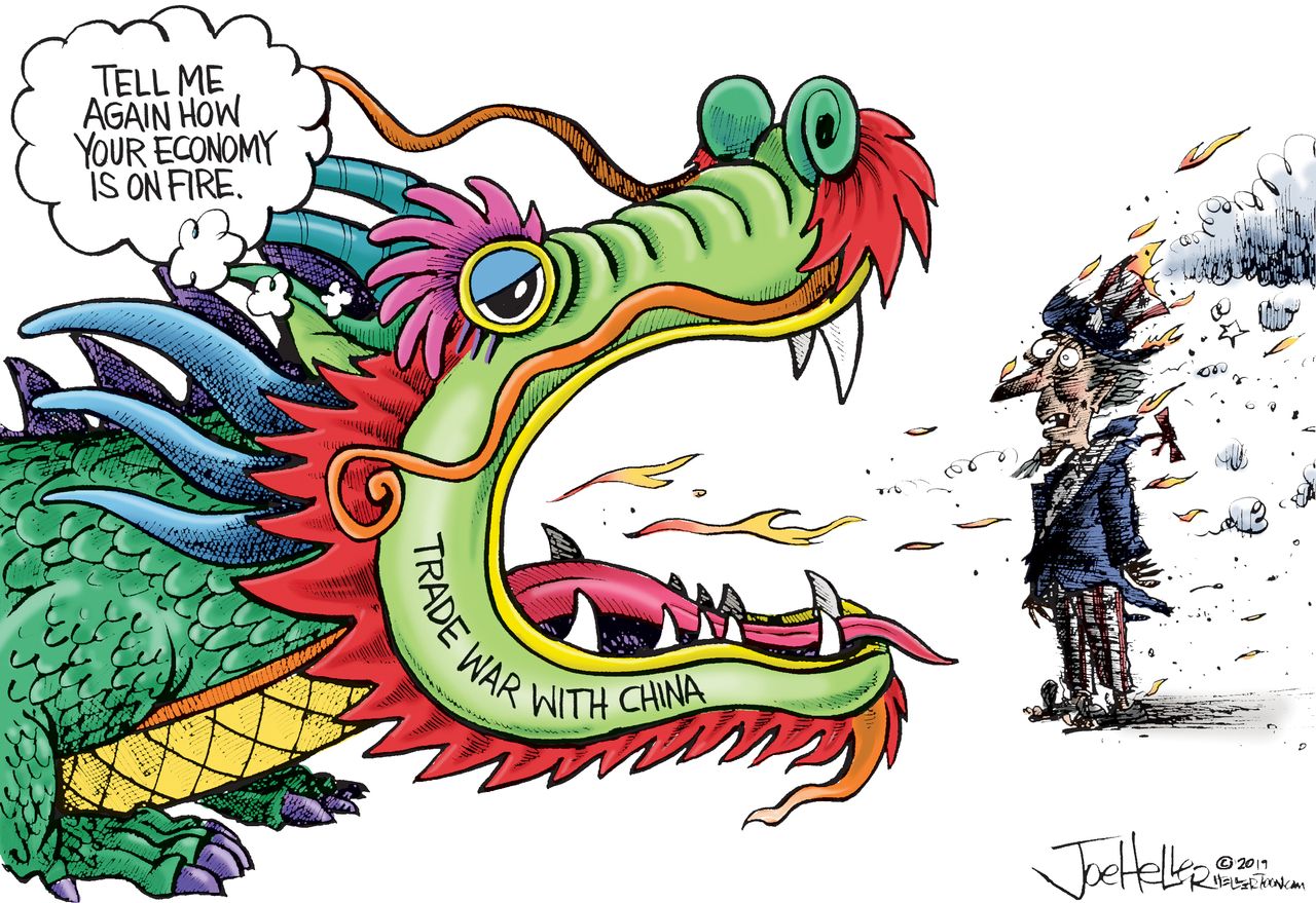 Political Cartoon U.S. Trump trade war with China economy on fire