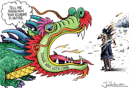 Political Cartoon U.S. Trump trade war with China economy on fire