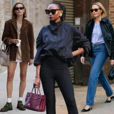 fashion collage of three street style stars wearing cool basics like crew socks, black leggings, and kitten-heel shoes