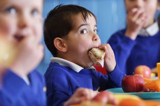 young boy at school eating a sandwich