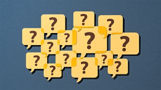 Cartoon graphic of a crowd of question marks in yellow speech bubbles, on a dark blue background