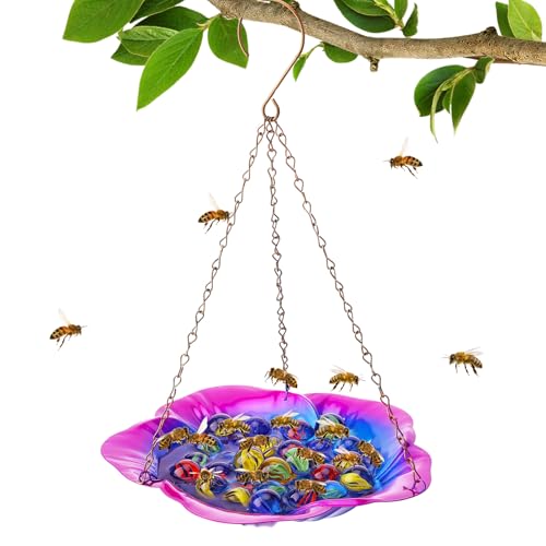 Bee Feeder With Vivid Hibiscus Design - Anti-Rust Iron Bee Watering Station for Feeding, Colorful Butterfly Bath Bowl Bee Cups With 30 Glass Marbles for Outdoor Yard Garden Decor Gifts (purple)