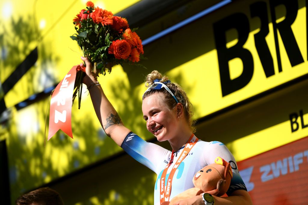 BLAGNAC FRANCE JULY 28 Emma Norsgaard of Denmark and Movistar Team celebrates at podium as stage winner during the 2nd Tour de France Femmes 2023 Stage 6 a 1221km stage from Albi to Blagnac UCIWWT on July 28 2023 in Blagnac France Photo by Alex BroadwayGetty Images