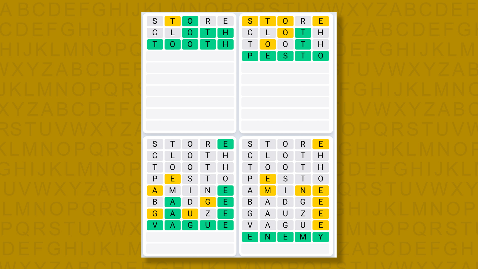 Quordle Daily Sequence answers for game 1521 on a yellow background