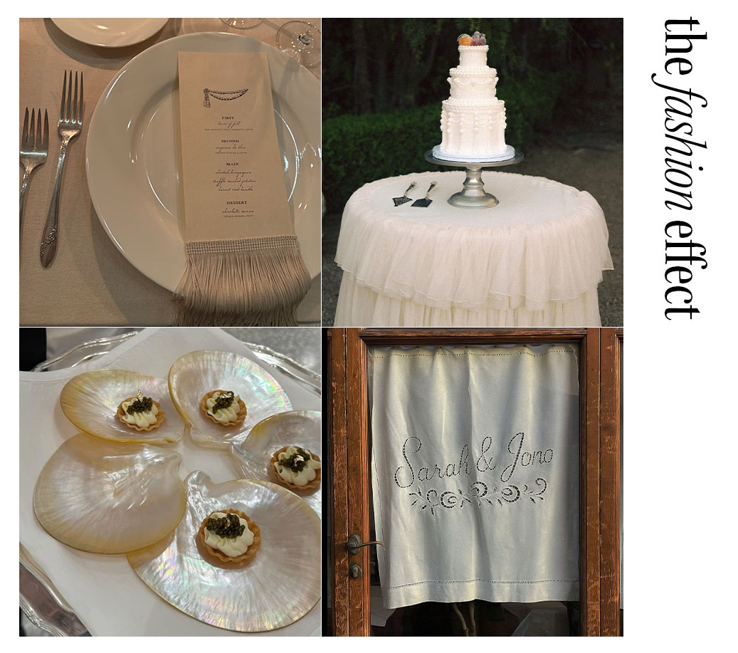 a collage of tablescapes, menus, and food from weddings.