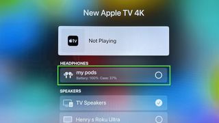 A green box highlights the AirPods option on the AirPlay 2 window on the Apple TV