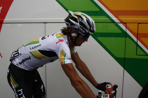 Velits comes to a halt outside the team bus