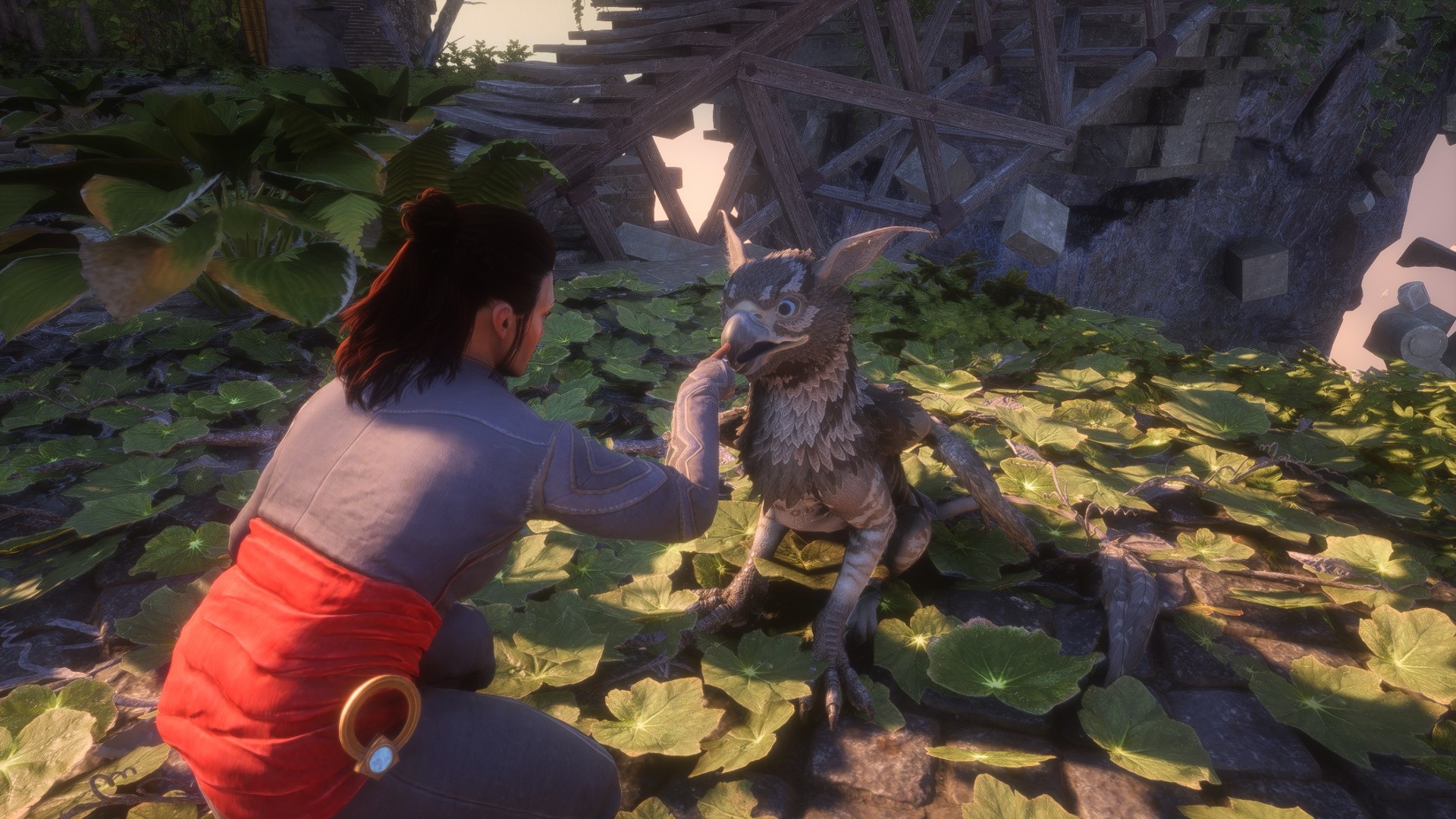 Dragon Age: The Veilguard petting a griffin