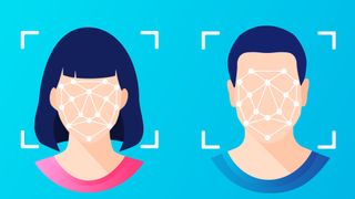 a 2D mockup image of two faces being scanned by facial recognition technology