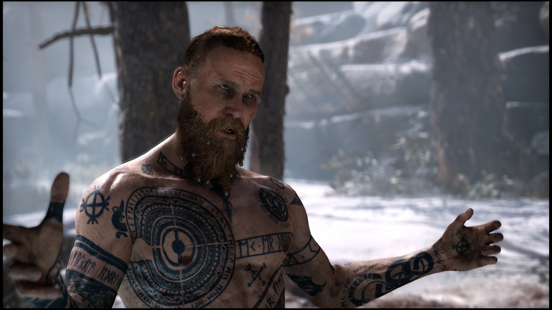 Norse god Baldur covered in Norse tattoos, shirtless in the snow